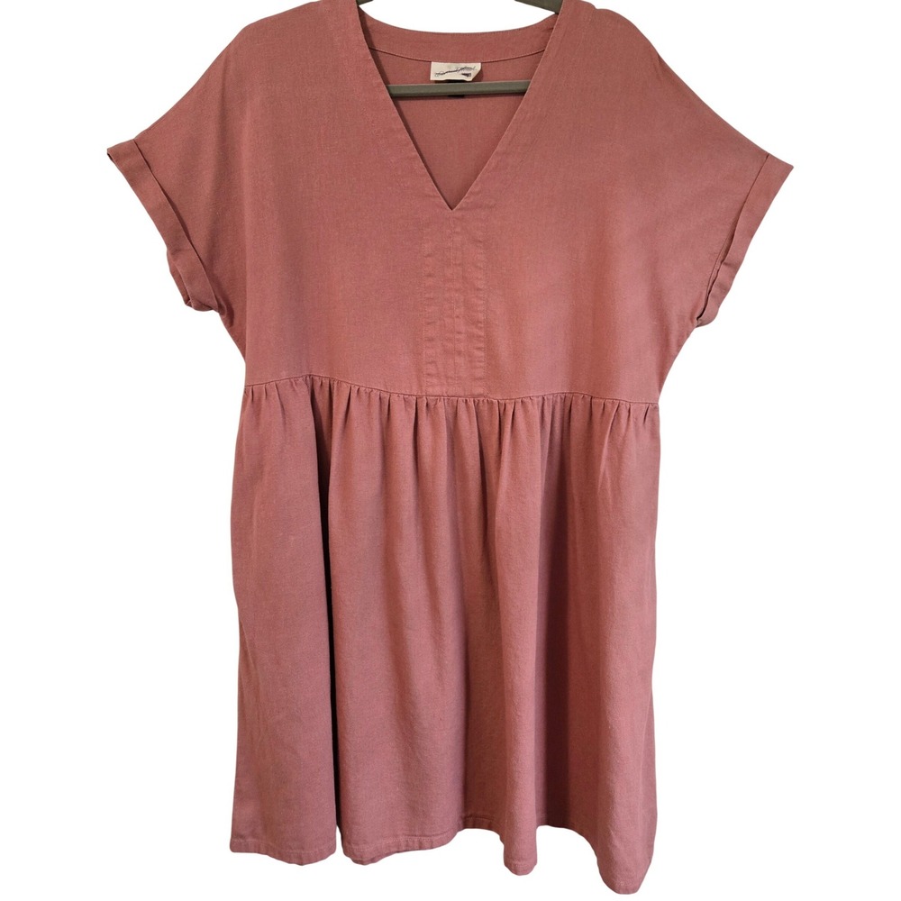 Universal Thread Women's L Linen Blend Babydoll Dress Light Rust V-Neck Pockets - Picture 1 of 9